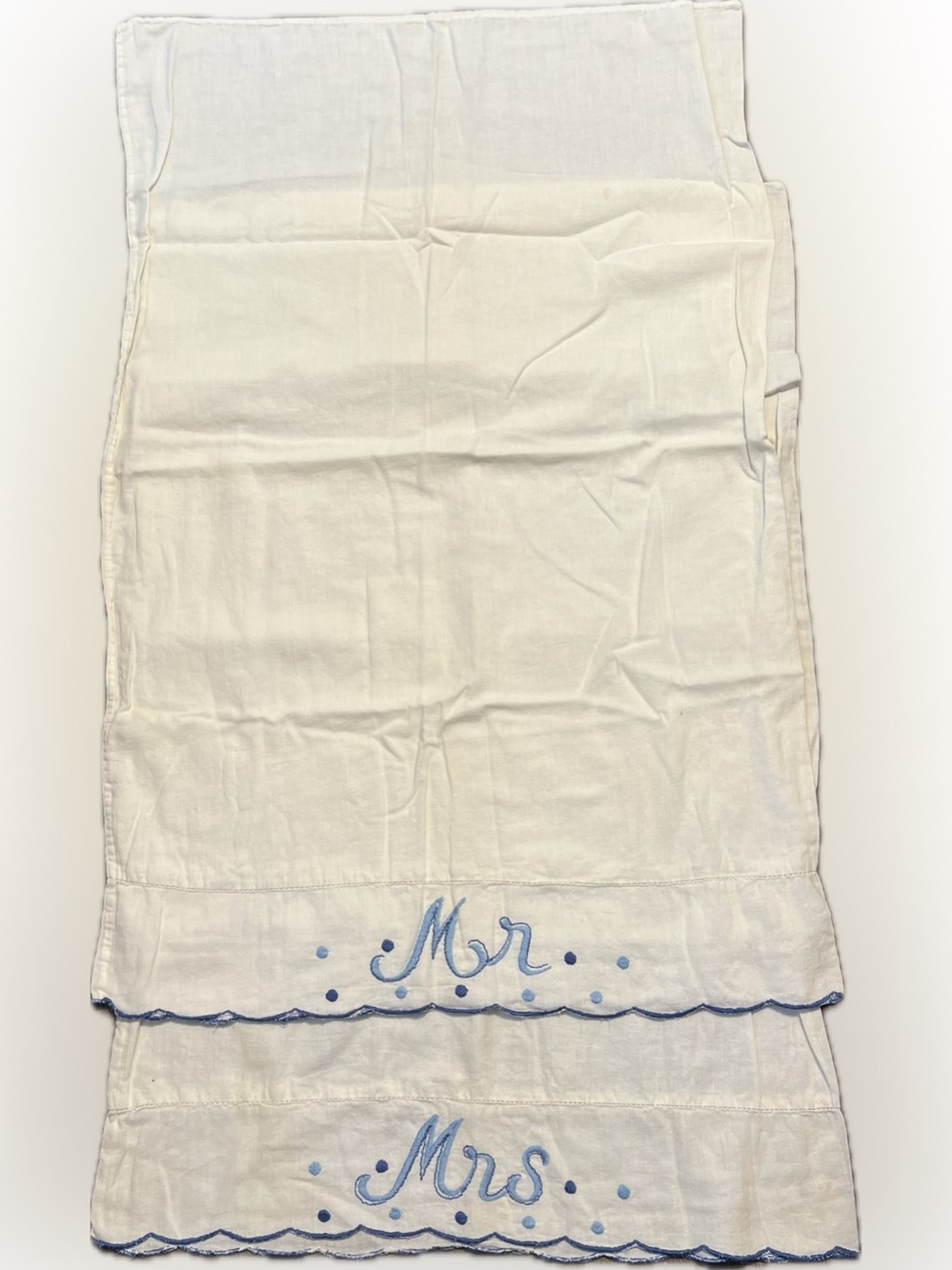 🔴Vintage Set Mr Mrs Pillowcases White Blue Embroidery Trim Cotton Long 30” x 19”